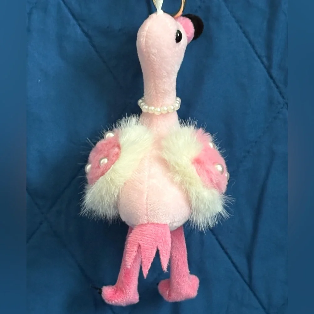 Natasha Couture Fluffy Pink Flamingo Faux Pearl Necklace Handbag Charm Key Chain